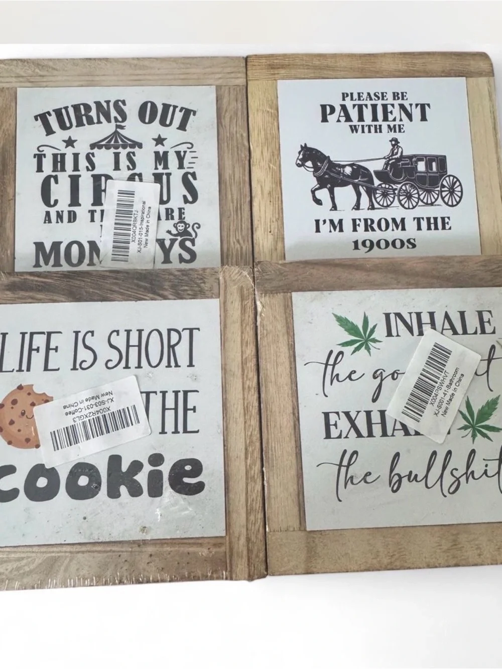 Set of 4 Wood-Framed Wall Plaque Set - Neutral Gray and Natural Wood